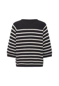 Pull en maille noire avec des rayures horizontales blanches, manches trois-quarts et col rond, vu de dos.