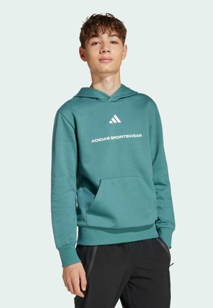 Sweatshirt à capuche en tissu teal avec poche kangourou, poignets et ourlet côtelés, avec logo blanc "ADIDAS SPORTSWEAR" et accent en triangle.