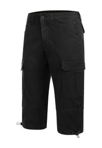Black cargo shorts made of cotton blend, featuring multiple pockets, a zip pocket, and adjustable drawstring hems for a secure fit.