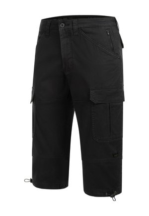 Čierne cargo šortky z bavlneného zmesi, s viacerými vreckami, zipsovým vreckom a nastaviteľnými lemami na šnúrku pre bezpečné nosenie.