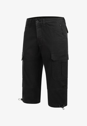 Čierne cargo šortky z bavlneného zmesi, s viacerými vreckami, zipsovým vreckom a nastaviteľnými lemami na šnúrku pre bezpečné nosenie.