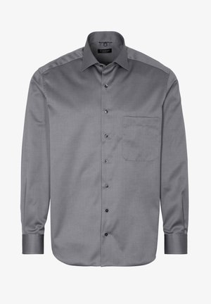 Chemise grise à manches longues avec un col boutonné. Fabriquée en matériau lisse, dotée d'une poche poitrine et de boutons noirs.