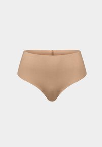Beige high-waisted onderbroeken gemaakt van gladde, rekbare stof met een naadloos design en minimale stiksels. Middenachter naad voor pasvorm.