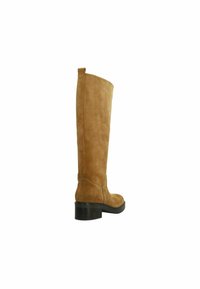 Knee-high suede boots in light brown with a flat heel, minimalistic design, and a smooth texture. Features a slight curve at the top.