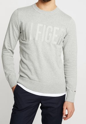 Man draagt een lichtgrijze trui met ronde hals met de tekst "HILFIGER" over de borst en donkere broek, staand met één hand in de zak.