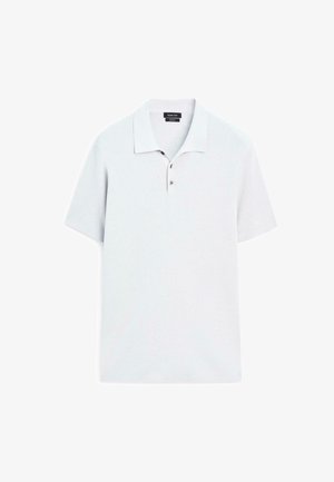 Light gray short-sleeve polo shirt with a ribbed collar, two small buttons, and a textured knit design. No patterns or additional accents.