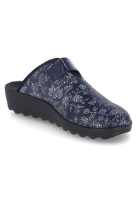 Dark navy slip-on shoe with a floral pattern in shades of blue, textured upper, and a thick black rubber sole with a slight wedge.