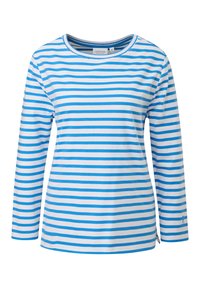 Camiseta de manga larga para mujer con rayas horizontales blancas y azules y escote redondo.