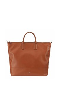 Bruine leren tote bag met twee bovenhandvaten, ritsluiting en subtiele branding aan de onderkant. Gladde textuur en gestructureerd ontwerp.