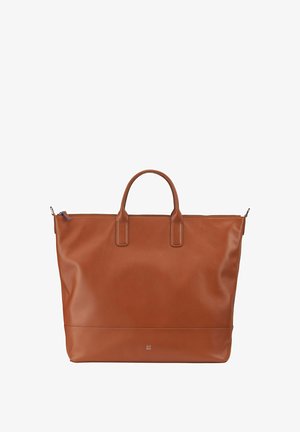 Borsa tote in pelle marrone con due manici superiori, chiusura con zip e branding discreto nella parte inferiore. Texture liscia e design strutturato.