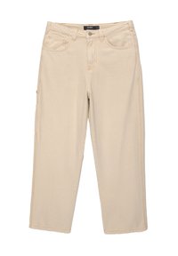 Pantalon beige à jambes droites avec poches avant et arrière, passants pour ceinture, fermeture à bouton et coutures visibles, posé à plat sur un fond blanc.