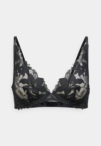 Melnās mežģīņu krūšturis ar ziedu rakstiem, ar dziļu dekoltē, regulējamām siksnām un aizmugurē ar āķa un acs aizdari.