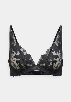 Schwarzer Spitzen-BH mit floralen Mustern, einem tiefen Ausschnitt, verstellbaren Trägern und einem Haken- und Ösenverschluss hinten.