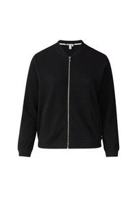 Veste bomber noire zippée en tissu texturé, avec des poignets et un ourlet côtelés, dotée d'un col montant et de poches latérales.
