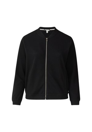 Veste bomber noire zippée en tissu texturé, avec des poignets et un ourlet côtelés, dotée d'un col montant et de poches latérales.