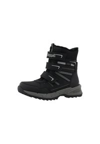 Botine negre până la gleznă, cu trei curele reglabile din Velcro, accente gri contrastante, suprafață texturată și talpă rugged pentru aderență.