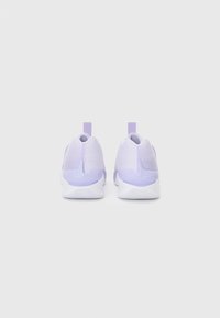 Purple athletic shoes with textured fabric, rounded heel, and white sole. Features a pull tab at the back for easy wear.