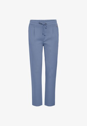 Lichtblauwe, taps toelopende broek met een elastische tailleband, verstelbaar trekkoord en zijzakken. Zachte textuur, geen zichtbare patronen of accenten.