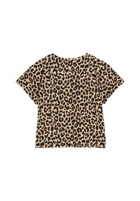 Leoparda raksta tops, īsas piedurknes, apaļa kakla izgriezuma forma, bēša fons ar tumši brūniem plankumiem, mīksts audums, brīvi pieguļošs, bez redzamām aizdares.