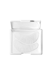 White rectangular case with a clear lid, containing two translucent, curved gel patches labeled "Face" for under-eye application.