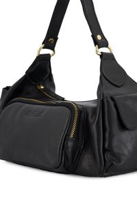 Black leather shoulder bag with gold zipper, embossed "VENEZIA" logo, and two side flap pockets on white background.