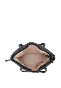 Graue Handtasche mit glatter Außenseite, Reißverschlussverschluss und beigem Innenraum mit Fächern und weicher Bepolsterung. Die Traggriffe befinden sich an den Seiten.
