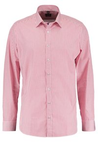 Camicia a maniche lunghe a righe rosse e bianche con colletto classico e chiusura con bottoni. Realizzata in un tessuto liscio con bottoni lucidi.