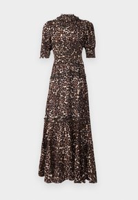 Maksimalna obleka z leopardjim vzorcem, kratkimi napihnjenimi rokavi, visokim ovratnikom, nabranim zgornjim delom in plastovitim volančastim krilom, izdelana iz mehkega blaga v rjavih in kremnih odtenkih.