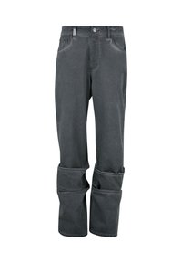 Harmaat puuvillaiset housut rennolla leikkauksella, joissa on säädettävät lahkeet ja useita taskuja. Tasainen rakenne ja hienovaraiset ompeluyksityiskohdat.