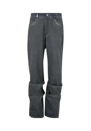 Grijze katoen broek met een relaxte pasvorm, voorzien van verstelbare boorden en meerdere zakken. Zachte textuur en subtiele stikdetails.