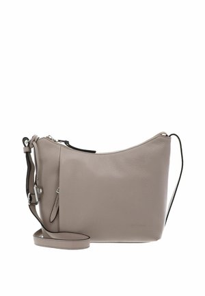 Beige Leder-Umhängetasche mit verstellbarem Riemen, silbernem Reißverschluss und dezentem Markenprägung auf der Vorderseite, freigestellt auf weißem Hintergrund.