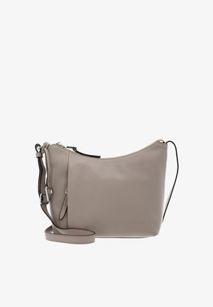 Sac bandoulière en cuir beige avec sangle ajustable, fermeture éclair argentée et embossage discret de la marque à l'avant, isolé sur fond blanc.