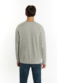 Felpa grigia con collo a giro, maniche lunghe, polsini e orlo ribattuti, caratterizzata da una texture liscia. Indossata con jeans in denim.