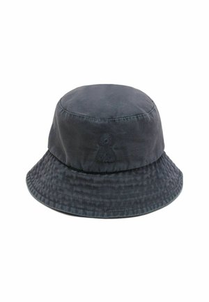 Donkergrijze stoffen bucket hat met een subtiel geborduurd logo in de vorm van een sleutelgat aan de voorkant en gestikte randdetails.