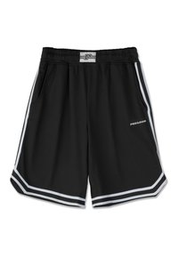 Pantalones cortos deportivos negros con rayas blancas en los laterales y en el dobladillo, cintura elástica, bolsillos laterales y pequeño logo "PEGADOR" en la pierna derecha.