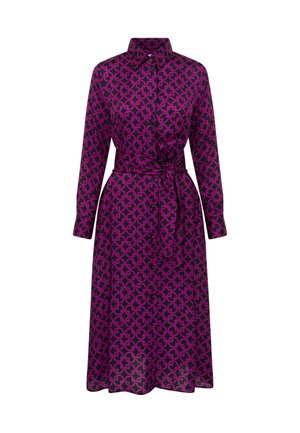 Langärmliges Midikleid aus lila Stoff mit geometrischem Muster, Kragen, durchgehender Knopfleiste und Taillengürtel für eine schöne Silhouette.