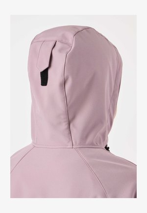 Lichtpaarse jas met capuchon, achteraanzicht, met verstelbaar zwart bandje en naaddetails op gladde stof.