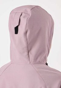 Light purple hooded jacket back view showing adjustable black tab and seam details on smooth fabric.