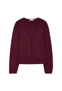 Burgundy neulejakku, jossa on V-kaula-aukko, pitkät hihat ja napitus edessä. Sileä pinta ja muotoiltu malli.