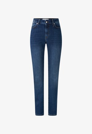 Mørkeblå denim jeans med høj talje, slim fit og fem-lomme design. Har kontraststikninger og en metalknaplukning.