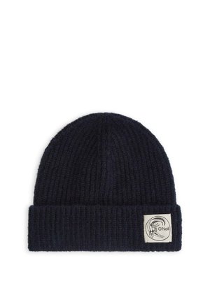 Cappello a costine in maglia blu scuro con risvolto e un'etichetta rettangolare bianca con il logo O'Neill che presenta un motivo a onda.