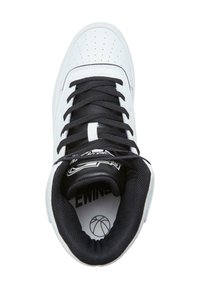 White sneaker with black laces, leather upper featuring perforations, padded collar, and logo on tongue. Rubber outsole visible inside.