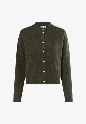 Grüne gestrickte Strickjacke mit V-Ausschnitt, Knopfleiste und goldfarbenen Knöpfen. Mit gerippten Bündchen und Saum für eine figurbetonte Passform.