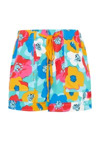 Costume da bagno floreali colorati con uno sfondo blu vivace, grandi fiori rossi, rosa e gialli, e un cordoncino arancione regolabile.