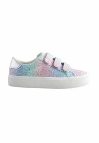 Baskets scintillantes dans des dégradés pastel de rose et de bleu, dotées de bandes Velcro blanches et d'une semelle en caoutchouc blanc texturé.