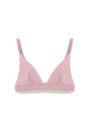 Bralette triangolare rosa con spalline sottili, tessuto senza cuciture, texture morbida e una fascia larga sul fondo.