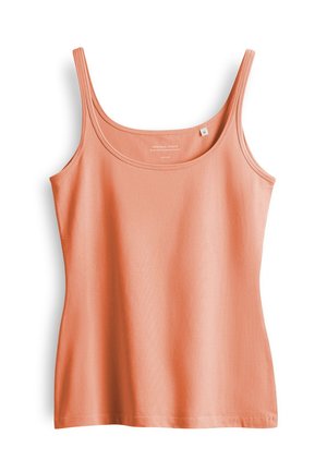 Peach-colored, fitted tank top with thin straps, made of smooth cotton fabric, featuring a scoop neckline and straight hem.