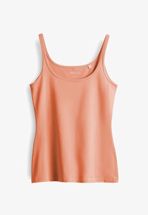 Peach-colored, fitted tank top with thin straps, made of smooth cotton fabric, featuring a scoop neckline and straight hem.
