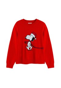 Rode gebreide trui met een geborduurd ontwerp van een cartoonhond die een kerstmanhoed en sjaal draagt, met lange mouwen en een ronde hals.