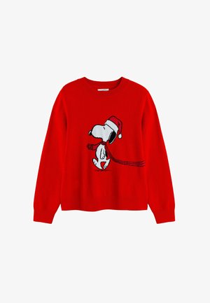 Maglione rosso lavorato a maglia con un motivo ricamato di un cane cartone animato che indossa un cappello da Babbo Natale e una sciarpa, con maniche lunghe e scollatura a girocollo.